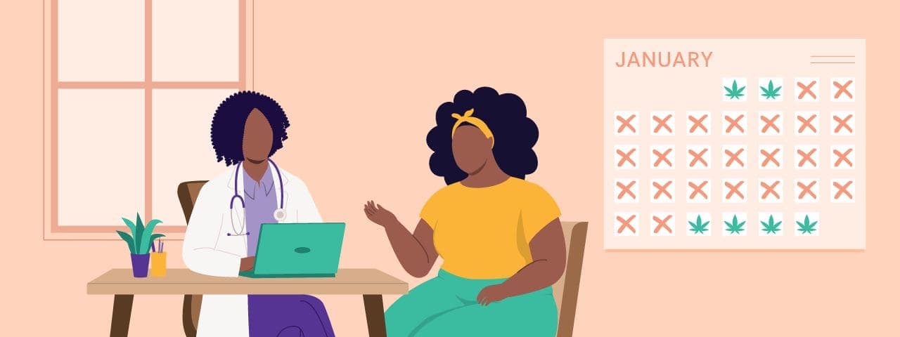 A woman in a doctor's office with a calendar behind her showing which days to abstain from cannabis